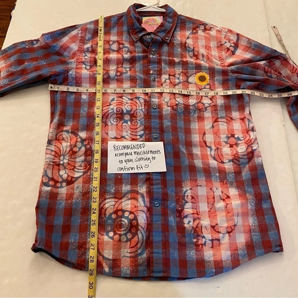 Reworked Boho Floral Bleached Plaid Button Down Shirt Womens Size Large Top Red - Picture 9 of 13